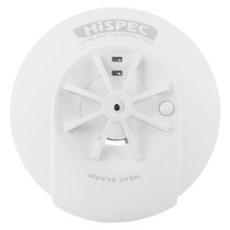 Front of a HiSPEC heat alarm with labeled “AC POWER” and “ALARM” indicators, a “PUSH TO TEST / SILENCE” button, and a “SLIDE TO REMOVE” arrow at the bottom.