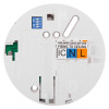 Circular base of a ceiling-mounted smoke alarm featuring labeled wiring terminals (IC, N, L), a blue DIP switch, and installation guidance text including safety warnings.