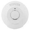 White circular smoke alarm labeled “FIRE AND CO DETECTION” with a central button for testing and silencing, and indicators for “AC POWER” and “ALARM.”