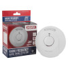 HiSPEC branded smoke detector and its retail packaging. Box highlights features like radio frequency connectivity, easy installation, 5-year guarantee, and compliance with BS EN14604:2005.