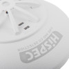 Closeup of indicators on hispec radio frequency combo mains smoke heat detector showing power and alarm labels