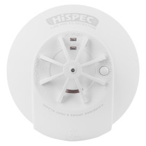 Front view of hispec radio frequency combo mains smoke heat detector showing its circular design and test button
