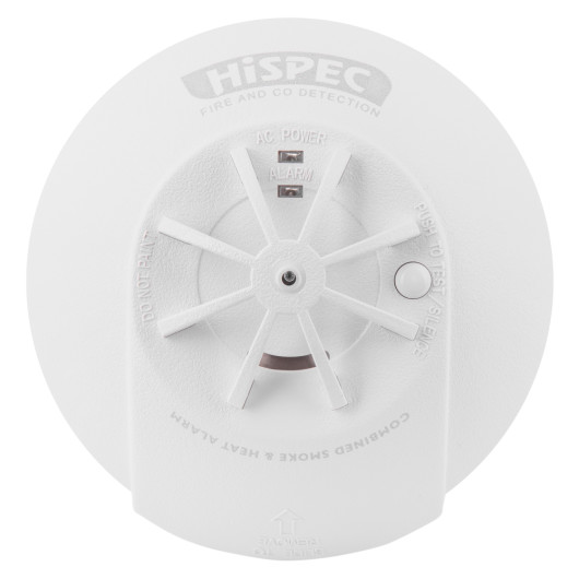 Front view of hispec radio frequency combo mains smoke heat detector showing its circular design and test button