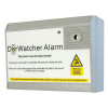 Close‑up of a DorWatcher Alarm device showing its front panel text, circular indicator, and yellow warning triangle emphasising door‑closure safety.