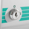 Close up of the lock on the exitgaurd fire door security alarm showing the keyhole and metal finish