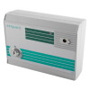 angled view of an exitguard fire door security alarm in white with green and teal stripes and a key lock on the front