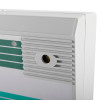 close up of exitgaurd fire door security alarm showing part of the white and green device with vent and sensor opening