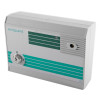 angled view of exitguard fire door security alarm with key lock and green striped design on white casing