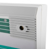 Close up of the exitgaurd fire door security alarm showing the textured speaker area and part of the label