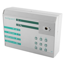 angled view of the exitguard fire door security alarm showing buttons and indicator lights on a white rectangular panel