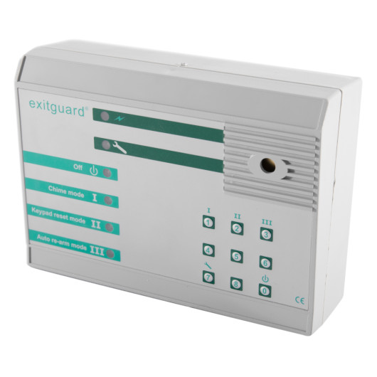 angled view of the exitguard fire door security alarm showing buttons and indicator lights on a white rectangular panel
