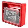 Angled view of a red keyguard key box with a transparent front cover showing the keyguard logo