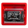 Front view of the keyguard key box showing the red outer case and clear plastic cover with white graphics