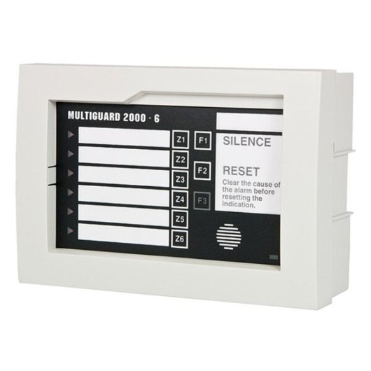 angled view of multiguard 6 way indicator global silence reset device with labelled buttons and display panel