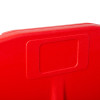 Closeup top view of the red double fire entinguisher stand showing part of the structure and label area