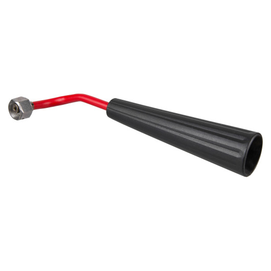 angled view of a standard swivel horn for 2kg co2 extinguishers with a red curved metal tube and black plastic nozzle