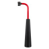 Front view of a standard swivel horn 2kg co2 extinguisher showing the black handle and red curved horn