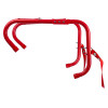 Red metal side frame of the Hs3Stfel Firechief 3 Storey Fire Escape Ladder with attached red strap on a white background