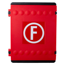 Front view of a red hose reel cabinet with a white F symbol on the door