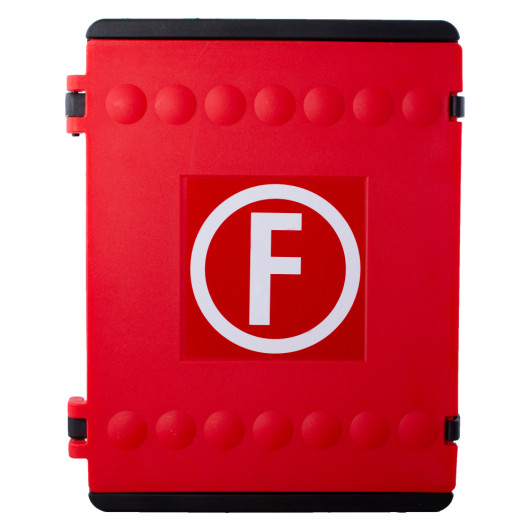 Front view of a red hose reel cabinet with a white F symbol on the door