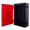 Open hose reel cabinet showing its empty interior with straps inside and a red door panel
