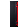 Side view of the hose reel cabinet showing its black body and red locking clips