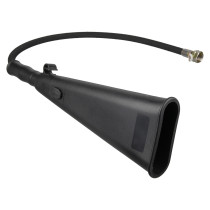 angled view of a hose horn 5kg co2 extinguisher accessory featuring a long flexible hose and black plastic horn end