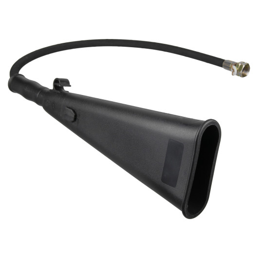 angled view of a hose horn 5kg co2 extinguisher accessory featuring a long flexible hose and black plastic horn end