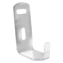 front angled view of a 5kg fir extinguisher lug bracket made of metal with two mounting holes and a raised hook section