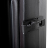 Close up of closing clasp on single extinguisher cabinet showing latch and door edge in black finish