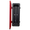 single extinguisher cabinet with the front door open showing the inside storage area and strap