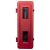 Front view of a red single extinguisher cabinet with two rectangular transparent windows