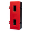 angled view of a single fire extinguisher cabinet in red and black with two rectangular windows