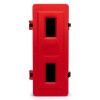 Front view of single fire extinguisher cabinet in red with two rectangular windows and black latches on the sides