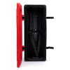 single fire extinguisher cabinet with red door open showing empty black interior and securing straps