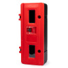 red single fire extinguisher cabinet and keybox shown from an angled view with two clear windows and a central keylock