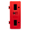 Front view of a red single fire extinguisher cabinet and keybox with two window panels and a central lock mechanism