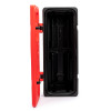 Open single fire extinguisher cabinet and keybox with red door and black interior viewed from the front