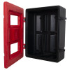 double extinguisher cabinet shown with its door open at an angle revealing the empty interior and securing straps