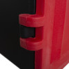 Close up of external hinge on red double extinguisher cabinet showing hinge detail and texture