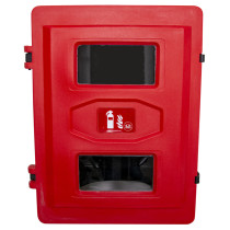 Front view of a red double extinguisher cabinet with two rectangular windows and a fire extinguisher symbol in the middle