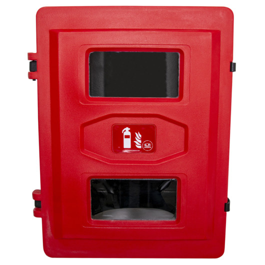 Front view of a red double extinguisher cabinet with two rectangular windows and a fire extinguisher symbol in the middle
