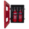 Open double extinguisher cabinet showing two extinguishers inside one labelled water mist and one labelled powder