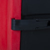 Side close up of the closing clasp on a double extinguisher cabinet in red and black colors