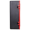 Side view of a double extinguisher cabinet in black with red vertical handles and latches