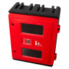 Red and black Hs72K Double Extinguisher Cabinet Keybox Angled shown from the front and side angle with key slot visible