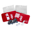 Accessories for hose reel cabinet including red labels, plastic clips, and fasteners on a white background