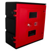 Red and black hose reel cabinet shown from an angled view with visible hinges and front panels