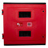 front view of a red hose reel cabinet with small windows and a switch on the front panel