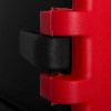 Close up of the hinge on a red and black hose reel cabinet